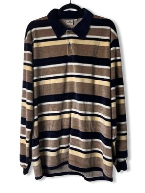 Vtg Donegal Men Striped Velour Polo Shirt Navy Tan Yellow‎ Tall Man Xl 46-48